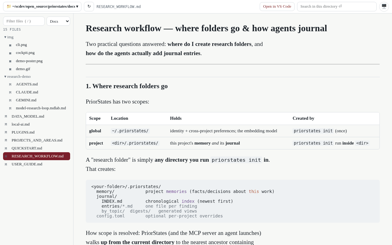 Reader showing a documentation folder: the file tree on the left, a rendered markdown page with headings and code in the middle