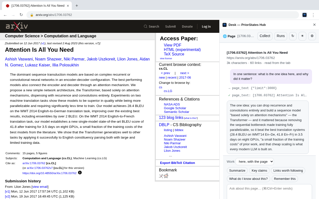 Chrome with an arXiv abstract on the left and the Desk side panel on the right: the Ask app has read the page and answered a question about it