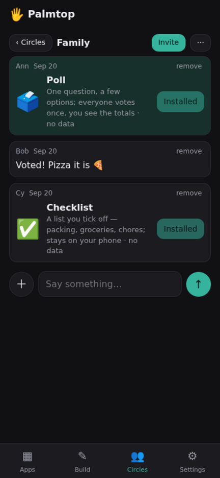 A family circle in Palmtop: a poll and a checklist shared with the family, and a reply that says Voted! Pizza it is