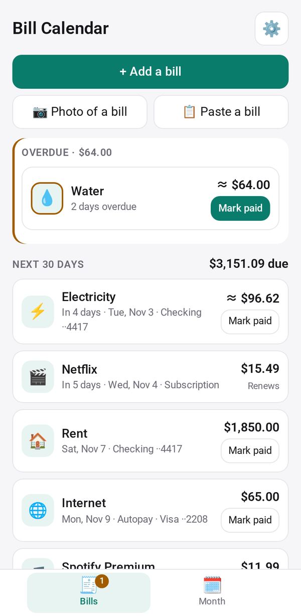 Bill Calendar on a phone
