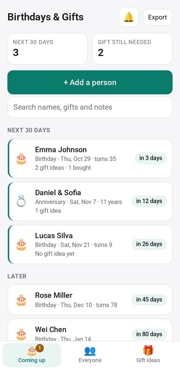 Birthdays & Gifts on a phone