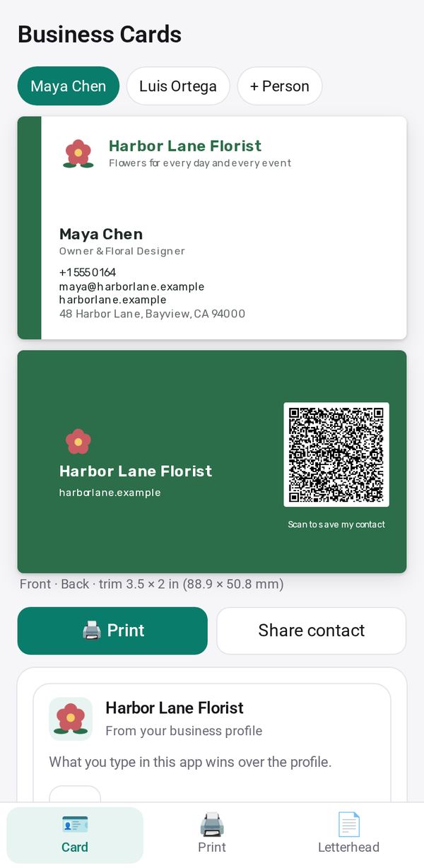 Business Cards on a phone