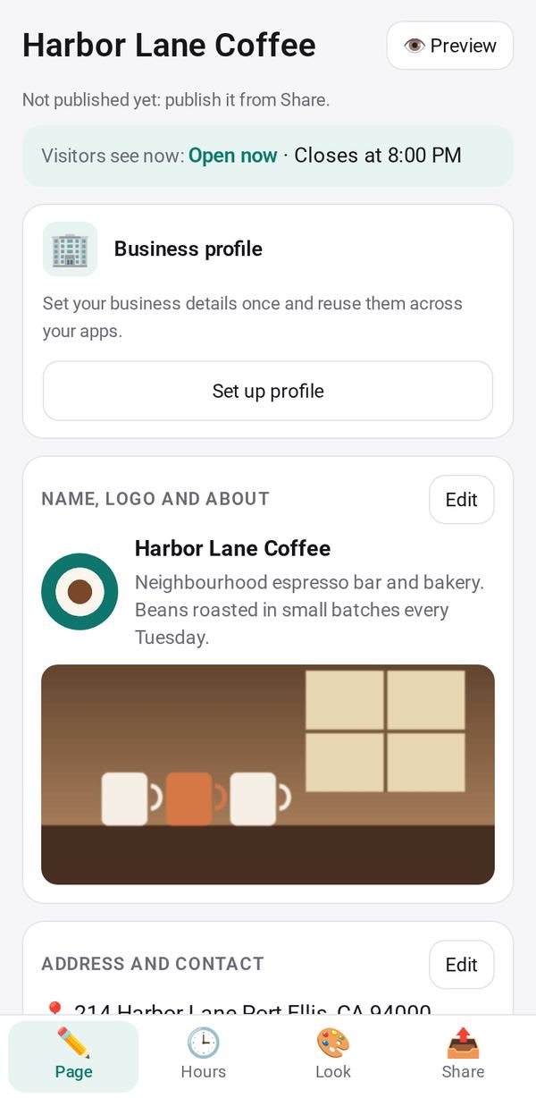 Business Page on a phone