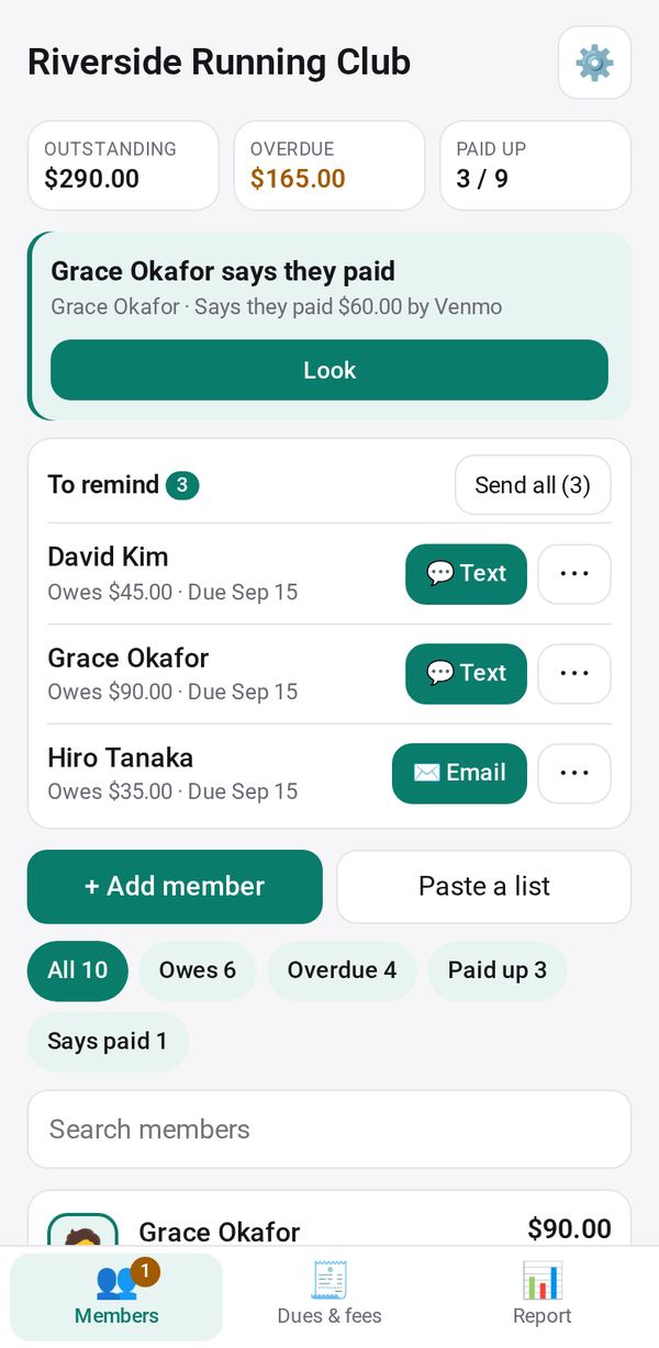 Dues Tracker on a phone