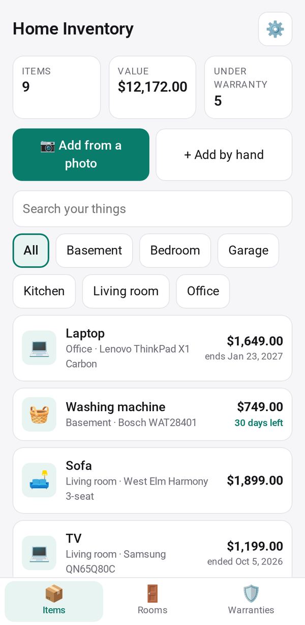 Home Inventory on a phone