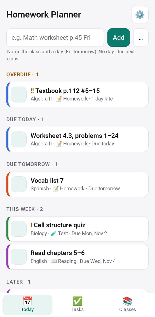 Homework Planner on a phone