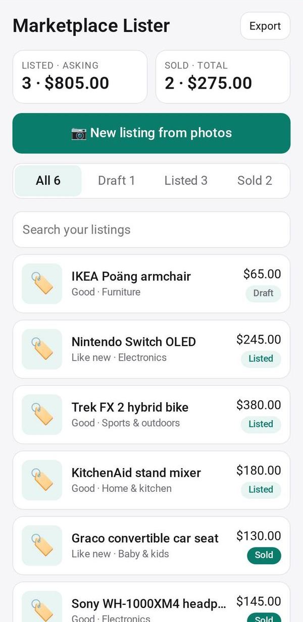 Marketplace Lister on a phone