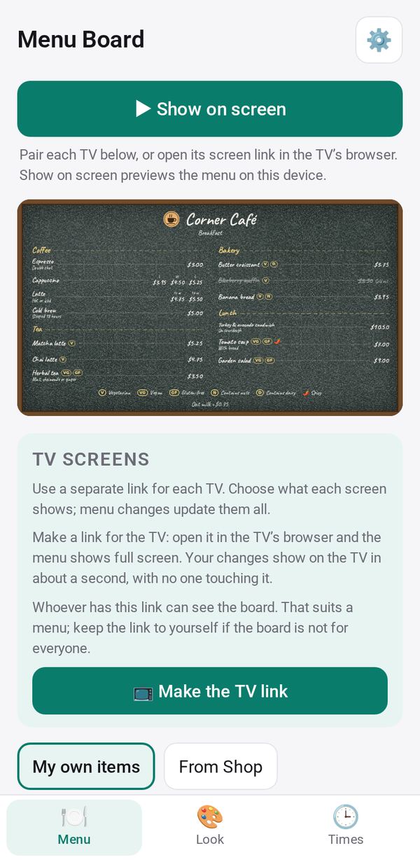 Menu Board on a phone