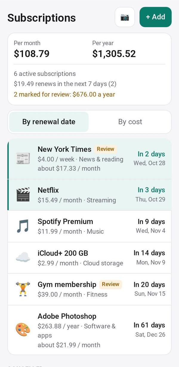 Subscriptions on a phone