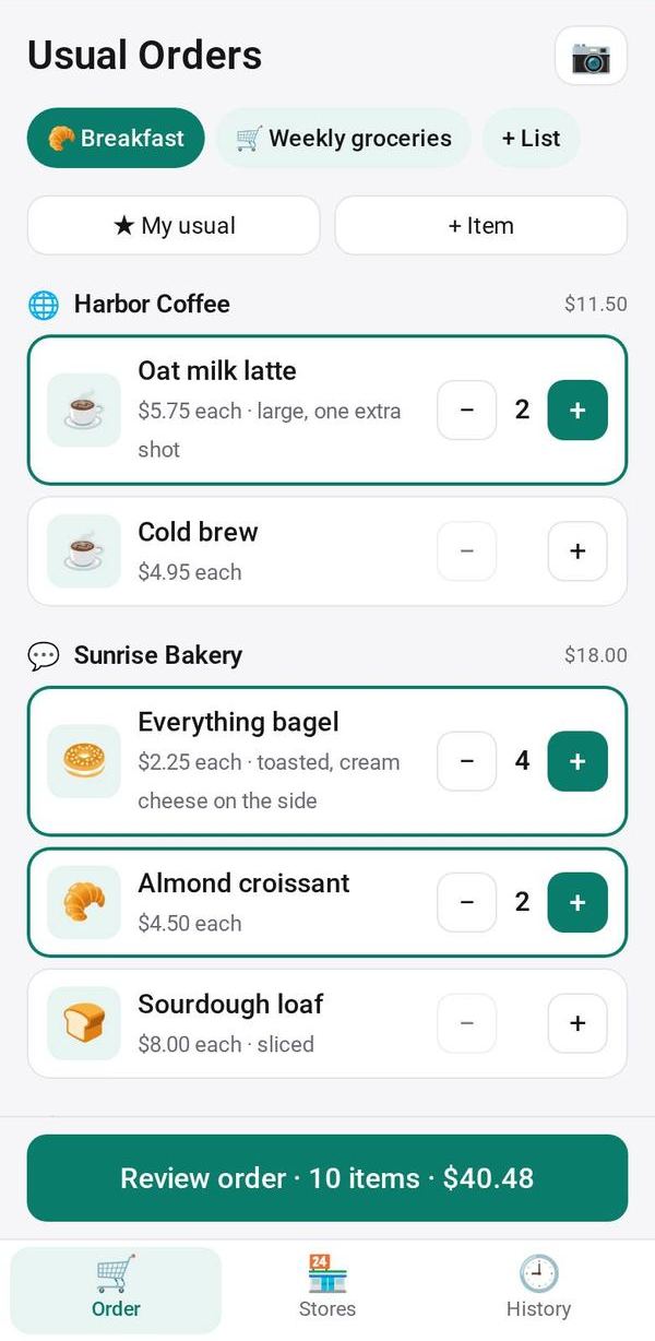 Usual Orders on a phone