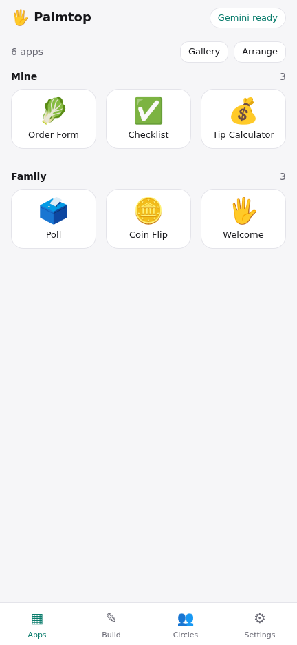 La pantalla de inicio de Palmtop en un teléfono, con el tema claro: pequeñas apps en grupos