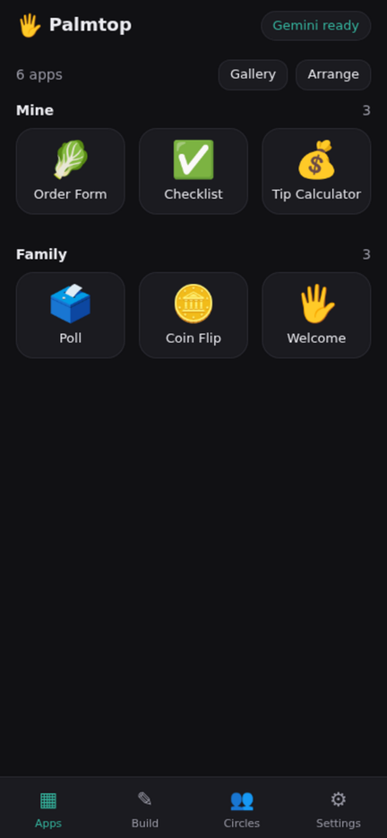 Palmtop's home grid on a phone: little apps in groups