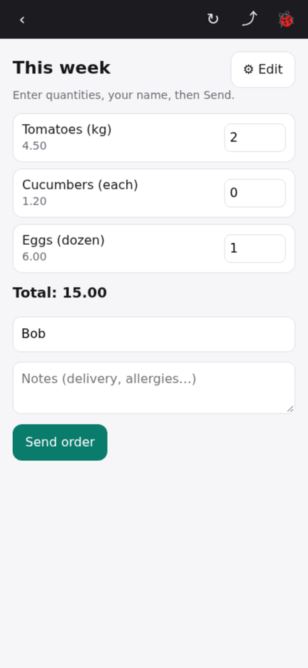 An order form built in Palmtop: quantities, a total, and a Send order button