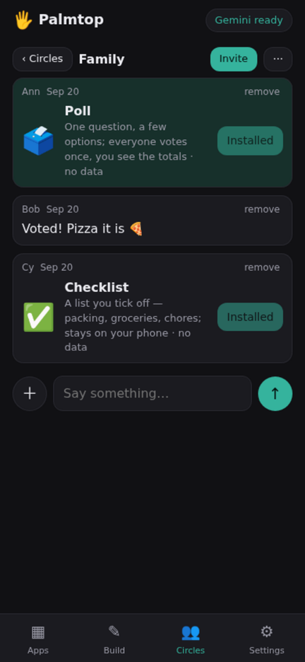 A circle: a family sharing a poll and a checklist, each with an Install button