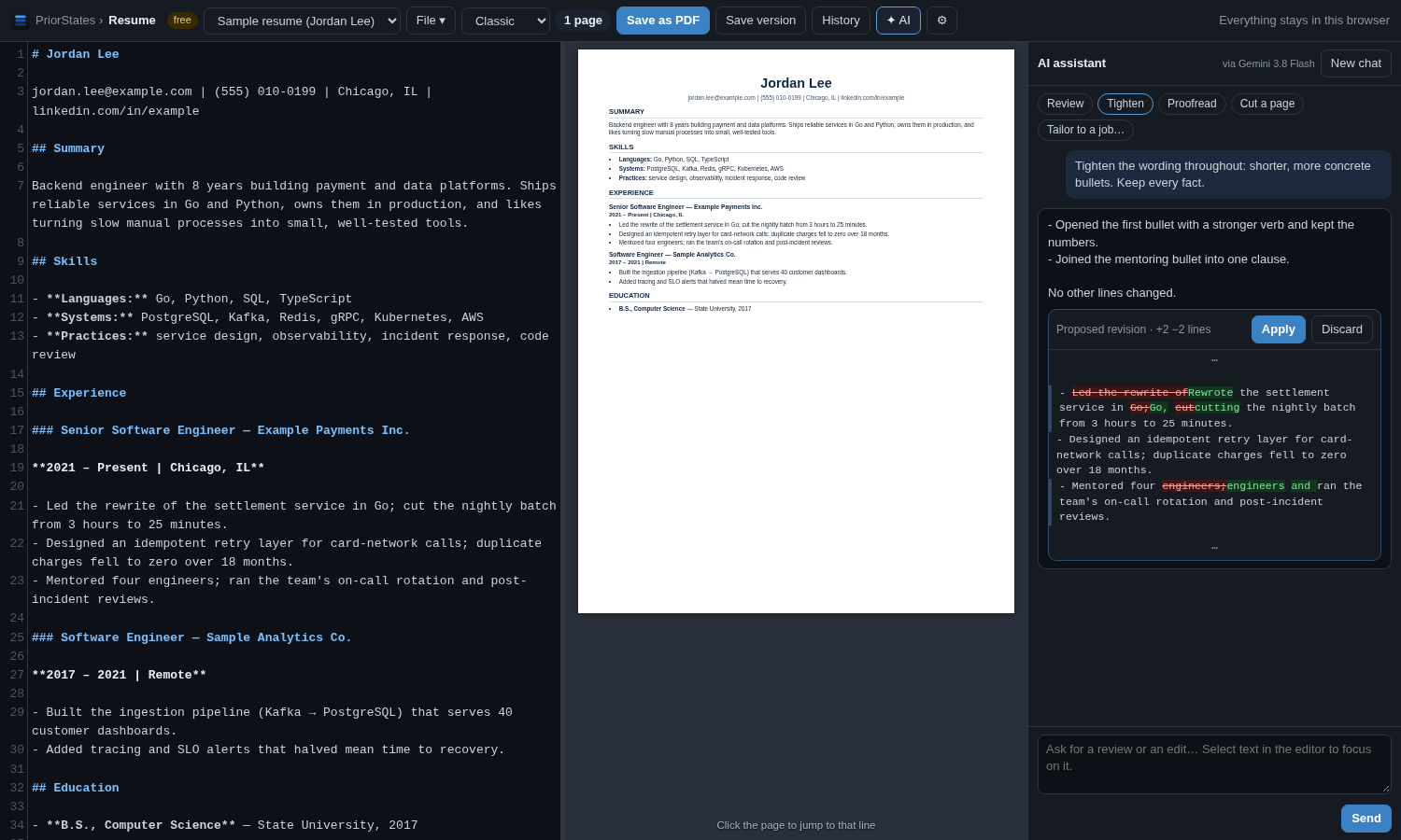PriorStates Resume: markdown on the left, the paginated resume in the middle, the AI assistant proposing an edit as a diff on the right