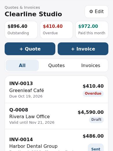Quotes & Invoices in PriorStates Studio